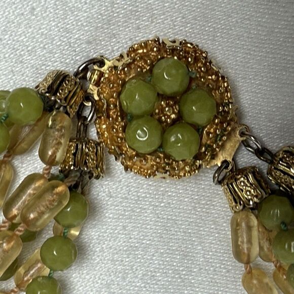 Vintage 1940s 8-Strand Green Beaded Torsade Necklace - Ornate Clasp Estate Piece - Picture 2 of 11
